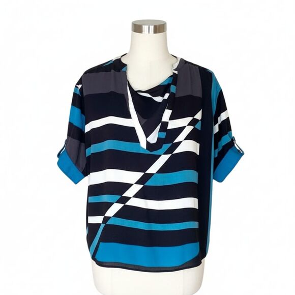Derek Lam for Design Nation Abstract Geometric Teal & Black Striped Blouse Sz L - Picture 4 of 11